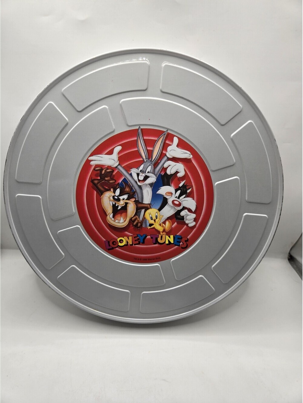 Film Reel Looney Tunes Toons Round Silver 10" Metal Tin Container Unique Rare